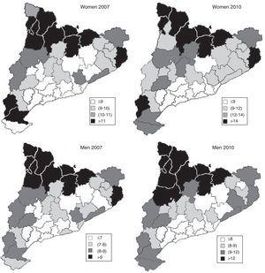 Geographical distribution of non work-related sickness absence (median duration) by counties, by sex and year. Catalonia, 2007 and 2010.