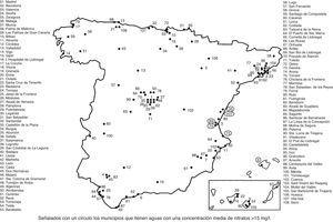 Municipios españoles donde se ha determinado el contenido en nitratos de las aguas de consumo público (2012).