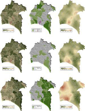Distribución municipal en la provincia de Huelva de la incidencia, en el periodo 2008-2011, de cáncer de colon-recto (C18-C21) en hombres (arriba) y mujeres (centro), y de la incidencia en el periodo 2007-2011 de cáncer de pulmón (C33-34) en hombres (abajo). Para cada tipo de cáncer se representan el riesgo relativo (izquierda) y las probabilidades a posteriori (centro) respecto a la tasa de incidencia nacional, y el riesgo relativo interpolado mediante kriging (derecha) respecto a la incidencia provincial.