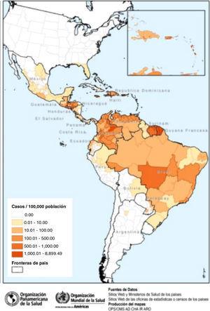 Países/territorios de las Américas que han registrado casos autóctonos de infección por el virus Zika. Fuente OPS/OMS (actualización 8 septiembre de 2016).