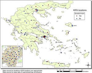 Solidarity clinics in Greece (n = 92). The map includes all reported functioning solidarity clinics in 2014 irrespective of size. In red the 19 solidarity clinics responding to the questionnaire. (KIFA [KIΦA]: acronym in Greek for Kοινωνικά Iατρɛία Φαρμακɛία Aλληλɛγγύηζ.).