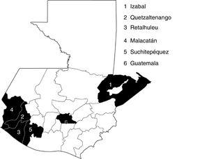 Map of evaluation area for Xpert MTB/RIF testing in Guatemala. The city of Guatemala (6) is divided into four departments and two of them were included in the evaluation.