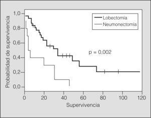 Supervivencia según el método de Kaplan-Meier. Comparación entre la lobectomía y la neumonectomía en pacientes con una sola estación N2.