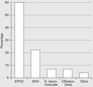 Distribución de las enfermedades de los pacientes ventilados en situación aguda en los servicios de neumología. EPOC: enfermedad pulmonar obstructiva crónica; SHO: síndrome de obesidad-hipoventilación.