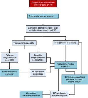 Algoritmo terapéutico de la hipertensión pulmonar tromboembólica crónica. EAP: endarterectomía pulmonar; HP: hipertensión pulmonar.