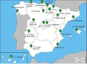 Localización geográfica de los 19 centros hospitalarios participantes en EPISCAN II.