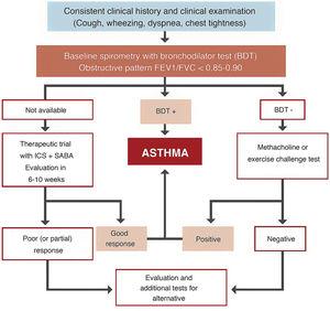 Diagnostic algorithm for asthma in children. Positive bronchodilator test (BDT): FEV1 > 12% increase from baseline.