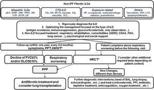 Simplified algorithm for clinical management of progressive pulmonary fibrosis (PPF). Based on the narrative text of the 2022 published guideline document.AFOP: acute fibrinous organizing pneumonia; AlP: acute interstitial pneumonia; BAL: bronchoalveolar lavage; COP: cryptogenic organizing pneumonia; HP: hypersensitivity pneumonitis; PPI: proton pump inhibitors; DIP: descamative interstitial pneumonia; LIP: lymphoid interstitial pneumonia; NSIP: nonspecific interstitial pneumonia; PPFE: pleuroparenchymal fibroelastosis; GERD: gastroesophageal reflux disease; OSAS: obstructive sleep apeas syndrome; LCH: Langerhans cell histiocytosis; PAH: pulmonary arterial hypertension; PAP: pulmonary alveolar proteinosis; CTD-ILD: conective tissue disease associated ILD; SSc: systemic sderosis; RA: rheumatoid artritis; MCTD: mixed connective tissue disease; SSj: Sjögren syndrome; SLE: systemic lupus erythematosus; PFT: pulmonary function tests; 6MWT: 6 minutes walking test.