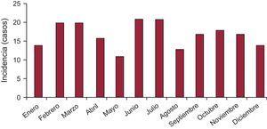 Gráfico que muestra la incidencia (casos) por meses (2012-2013).