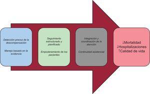 Elementos clave de los programas de insuficiencia cardiaca inspirados en el modelo de atención crónica (chronic care model).