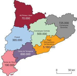 Mapa de la sectorización territorial sanitaria en Cataluña y población de referencia en cada área.