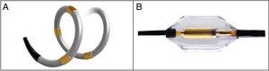 Catéteres de denervación renal. A: catéter de radiofrecuencia Spyral (Medtronic) para ablaciones circulares en espiral. B: catéter de ultrasonidos Paradise (ReCor Medical) para ablaciones en anillo.