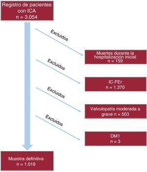 Diagrama de flujo de participación y seguimiento de los pacientes. DM: diabetes mellitus; ICA: insuficiencia cardiaca aguda; IC-FEr: insuficiencia cardiaca con fracción de eyección reducida.