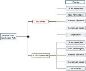 Representación esquemática del modelo. AVK: antagonistas de la vitamina K; FANV: fibrilación auricular no valvular.