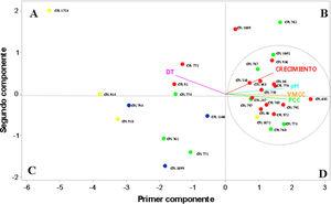 Representación gráfica del análisis de componentes principales obtenida de la evaluación de los cultivos de BL en los sistemas de avena/agua (SAA). Las diferentes especies de BL que se evaluaron fueron: L. plantarum (puntos rosas), L. reuteri (puntos celestes), P. pentosaceus (puntos verdes), P. acidilactici (puntos amarillos).