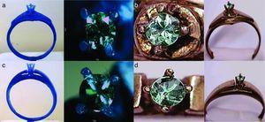 Fotografías de las piezas fundidas: Modelos en cera (a y c), anillos fabricados implementando los moldes de sílice/yeso (b) y revestimiento comercial Diamante Kerr® (d).