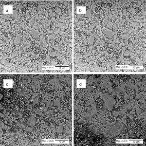 The SEM figures of the conventional sintered Al2O3/xwt.%SiC samples: (a) 5wt.% SiC; (b) 10wt.% SiC; (c) 15wt.% SiC and (d) 20wt.% SiC.