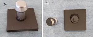Photograph showing the pull off adhesion test. (a) Dolly glued to the coating surface (b) dolly separated from the coating. Showing part of the coating left on the dolly while the other part left on the substrate.
