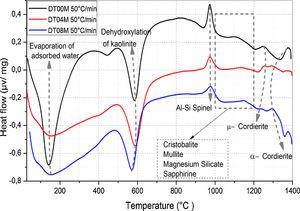 DTA curves of DT00M, DT04M, and DT08M powders at heating rate of 50°C/min.