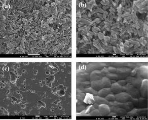 SEM micrographs of DT00M powder mixture. (a) and (b) wet milled for 5h, and (c) and (d) sintered at 1300°C for 2h.