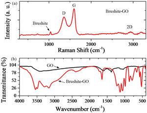 (a) Raman spectrum of brushite-GO powders (5.45% GO), (b) FTIR analysis of GO and brushite-GO powders (5.45% GO).