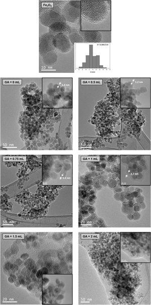 TEM image of Fe3O4 sample and distribution of average particle size and TEM images of Fe3O4–chitosan samples prepared with different GA volumes.
