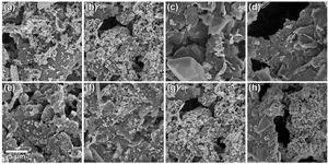 SEM micrographs of the surface morphology of electrocatalytic layers formed by EPD using: [CTAB] of (a) 0.2, (b) 0.4, (c) 0.6, and (d) 1g.l−1; [RP] of (e) 0.05, (f) 0.10, (g) 0.20, and (h) 0.50g.l−1.