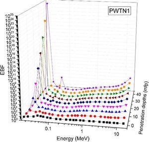 Variation of EBF of PWTN1 with respect to photon energy and penetration depths.