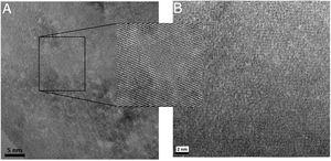 HRTEM images of systems obtained by the Pechini method of Ce0.8Gd0.2O1.9 (without codoping) with light-colored regions characteristic of defect concentration in the crystalline lattice (A) and Ce0.8Gd0.15Sm0.05O1.9 (with codoping) with smaller concentrations of these defects (B).