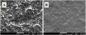 Scanning electron microscopy of the Ce0.80Gd0.19Sm0.01O1.9 sample sintered from the powders obtained by controlled precipitation (A) and the Pechini method (B).