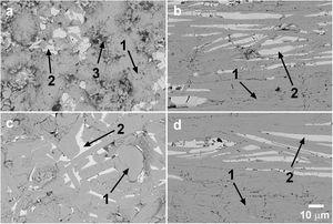 Representative SEM micrographs performed longitudinal polished surfaces of (a and c) sintered; and (b and d) textured samples, with composition Bi2Ca2Co2Oy (a, and b); and Bi2Ca1.925Na0.075Co2Oy (c, and d). Grey contrast (#1) corresponds to the thermoelectric phase, light grey (#2) to the Co-free one (BiSrO), and black one (#3) to Co-oxide.