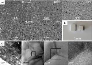 (a) SEM micrographs of SPS sintered Y2SiO5 ceramics after testing at temperatures from 1200°C to 1350°C, and comparison with the as-fabricated microstructure. No grain size growth is observed, however significant cavitation is present in the deformed specimens. (b) Photograph of a sample deformed up to a strain of ɛ∼20% at 1350°C (right) and comparison with an undeformed, similar specimen (left). c) TEM micrographs from a sample tested up to ɛ∼20% strain at 1350°C, where cavitation is made evident with the appearance of voids. Despite the high final strain, the microstructure appears free of dislocations.