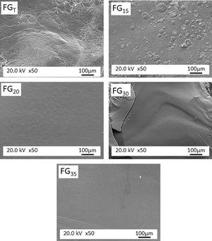 Microstructure observed by FESEM on the fresh fracture surface of glasses.