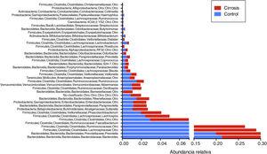 Representación gráfica de la abundancia relativa a nivel de género en las muestras de pacientes cirróticos (barras rojas) y los sujetos control (barras azules). Las barras representan el promedio de cada grupo de cada familia bacteriana.