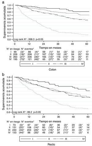 Supervivencia global por estadio en cáncer de colon (a) y recto (b).