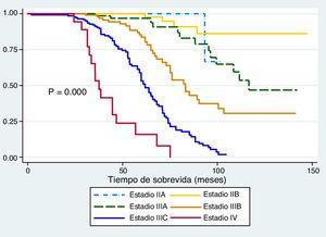 Análisis de sobrevida (Kaplan Meier) según tipo estadio anatomopatológico. P = 0.000.