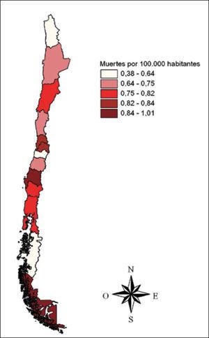 Tasas de mortalidad por melanoma estandarizadas por edad y sexo según regiones, Chile 1990 - 2008.