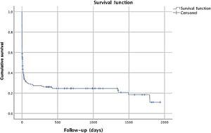 Kaplan-Meier curve revealing cumulative survival during follow-up.