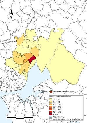 térkép, amely a légiós betegség támadási arányát mutatja lakóhely (plébánia) szerint, Vila Franca de Xira, Portugália.