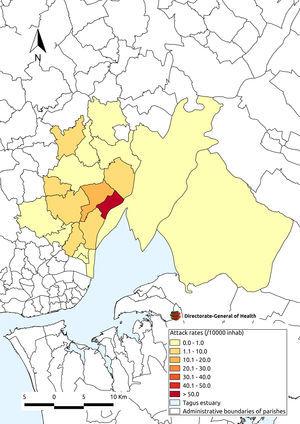 mapa zobrazující míru napadení legionářské choroby podle místa bydliště (farnost), Vila Franca de Xira, Portugalsko.