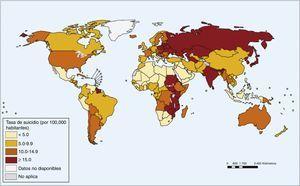 Mapa mundial de la tasa de suicidio por cada 100,000 habitantes (OMS, 2013).