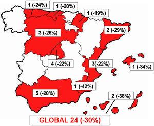 Mapa de España indicando los servicios participantes agregados por Comunidades Autónomas. Total 24 servicios de 11 Comunidades Autónomas. Se presenta el número de servicios participantes por cada Comunidad Autónoma, y entre paréntesis, el porcentaje de reducción global de los GRD estudiados (-30% nacional).