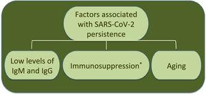Main factors associated with SARS-CoV-2 RNA persistence. *Immunosuppression induced for example, by drug treatment in patients with cancer and transplant recipients.