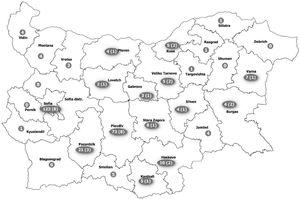 Distribution of HIV evaluated patients and HIV/HEV co-infected patients according to different administrative districts of Bulgaria. Legend: Values on the map represents the number of HIV infected by region, followed by the HIV/HEV patients, placed in brackets (if any).