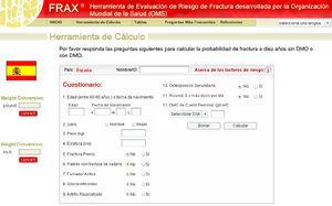 Página de cálculo del riesgo de fractura para la población española mediante el FRAX.