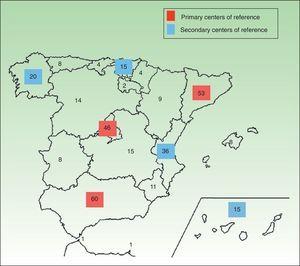 Possible distribution of autosomal recessive congenital ichthyosis (ARCI) reference centers based on the estimated prevalence by autonomous community. The primary or most important reference centers, working on a national level, would be located in the more populous autonomous communities (red squares), and the secondary reference centers (blue squares), serving a considerable number of patients, would be located in the less populous autonomous communities. The patients in the other Spanish autonomous communities could choose the most appropriate primary or secondary centers depending on geographical distance or personal considerations.