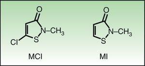 Molecular structure of MCI and MI. MCI indicates methylchloroisothiazolinone; MI, methylisothiazolinone.
