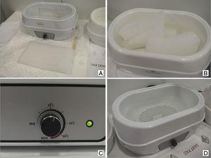 A, Device and paraffin wax blocks. B, The paraffin wax cut into cubes and placed into the device. C, Temperature around 35°C. D, Liquid paraffin after melting.