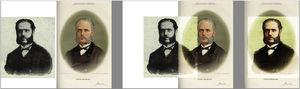 Process of superimposing the digitized photograph of José Eugenio de Olavide y Landazábal on the digitized lithograph.
