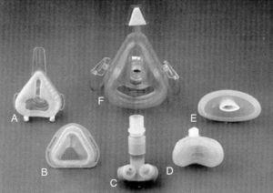 Non-invasive mechanical ventilation masks. (A) standard nasal mask (Respironics Inc., Murrysville, PA); (B) Sullivan nasal mask (Sullivan Bubble Mask, ResCare, San Diego, CA); (C) nasal pillows (Nellcor Puritan Bennett, ADAM circuit, Pleasanton, CA); (D) mini mask (Respironics Inc., Murrysville, PA); (E) lip seal (Nellcor Puritan Bennett, Pleasanton, CA); (F) total-face mask (Spectrum, Respironics Inc., Murrysville, PA).